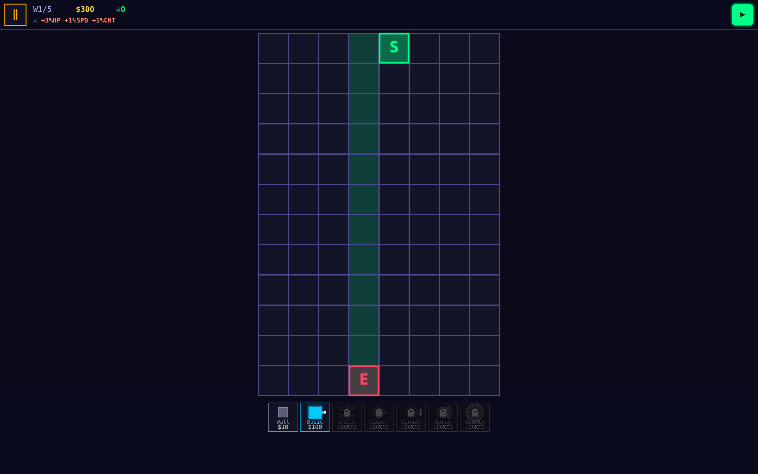 Boot Camp im Browser — Pfad vom Spawn-Feld zum Ausgang, Turm-Toolbar am unteren Rand.
